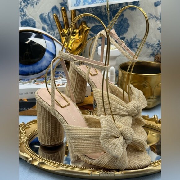 🆕 LOEFFLER RANDALL 🧿 NWOB Camellia Pleated Bow Heels, Cream Sparkle Mesh, Sz 7 - Picture 9 of 16